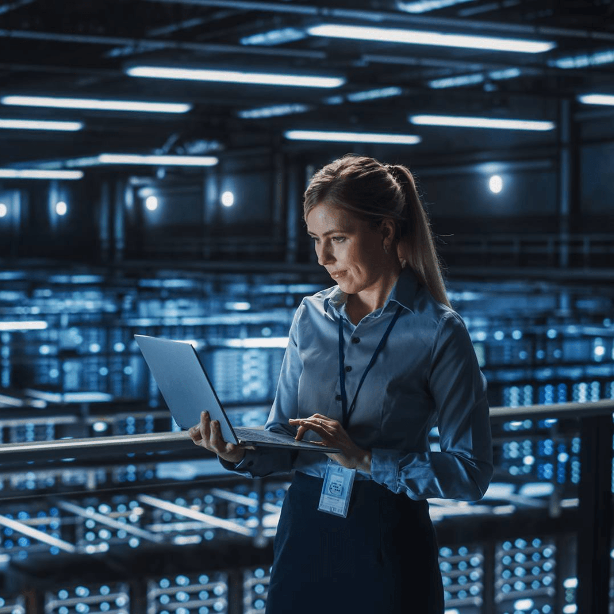 girl using her computer in a server room