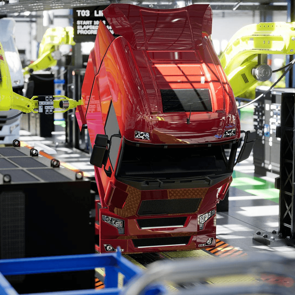 Red truck in factory assembly