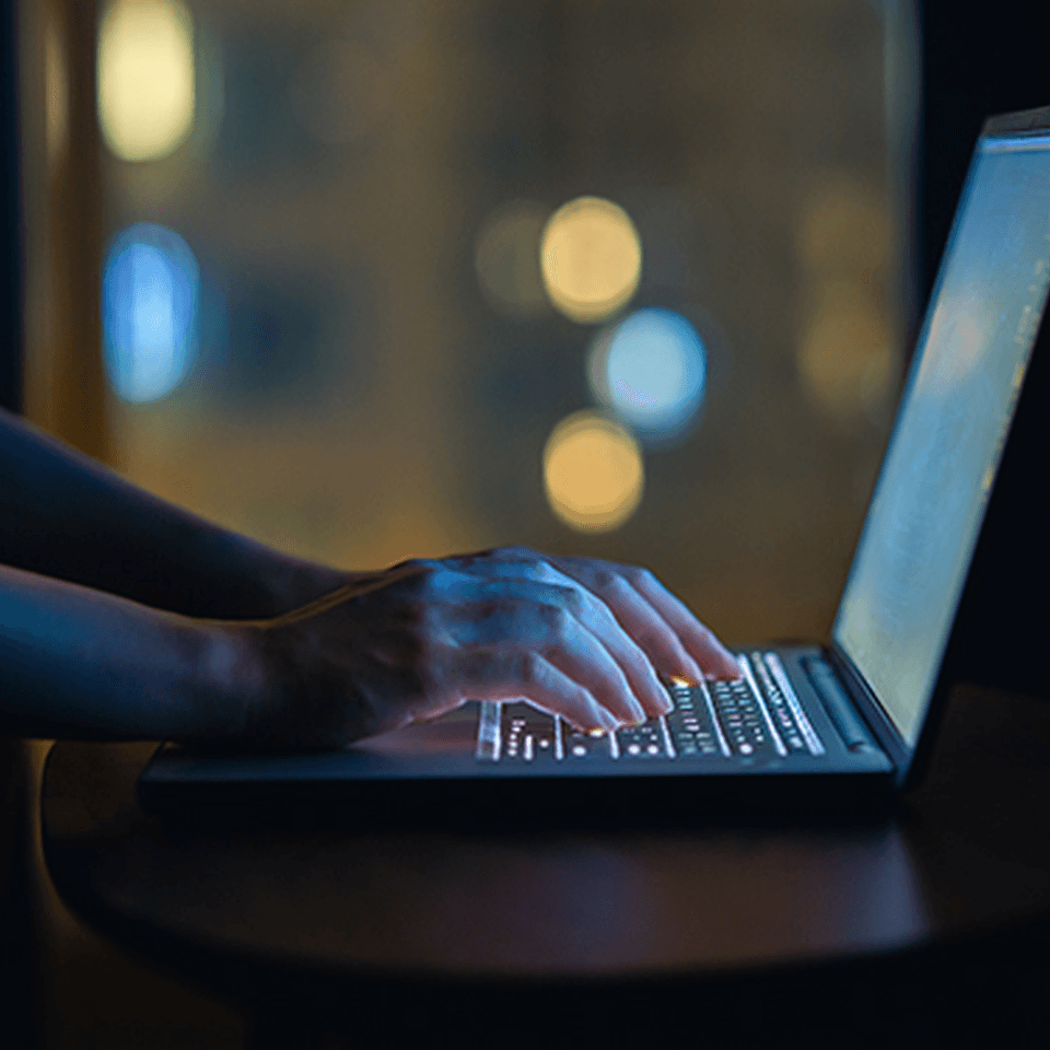 Hands typing on a laptop at light