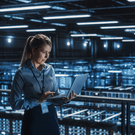 A woman in her workplace looking at her laptop