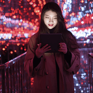 Woman using tablet amid glowing lights.